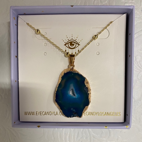 EyeCandy Natural Blue Agate Stone Pendant Necklace - Picture 2 of 3